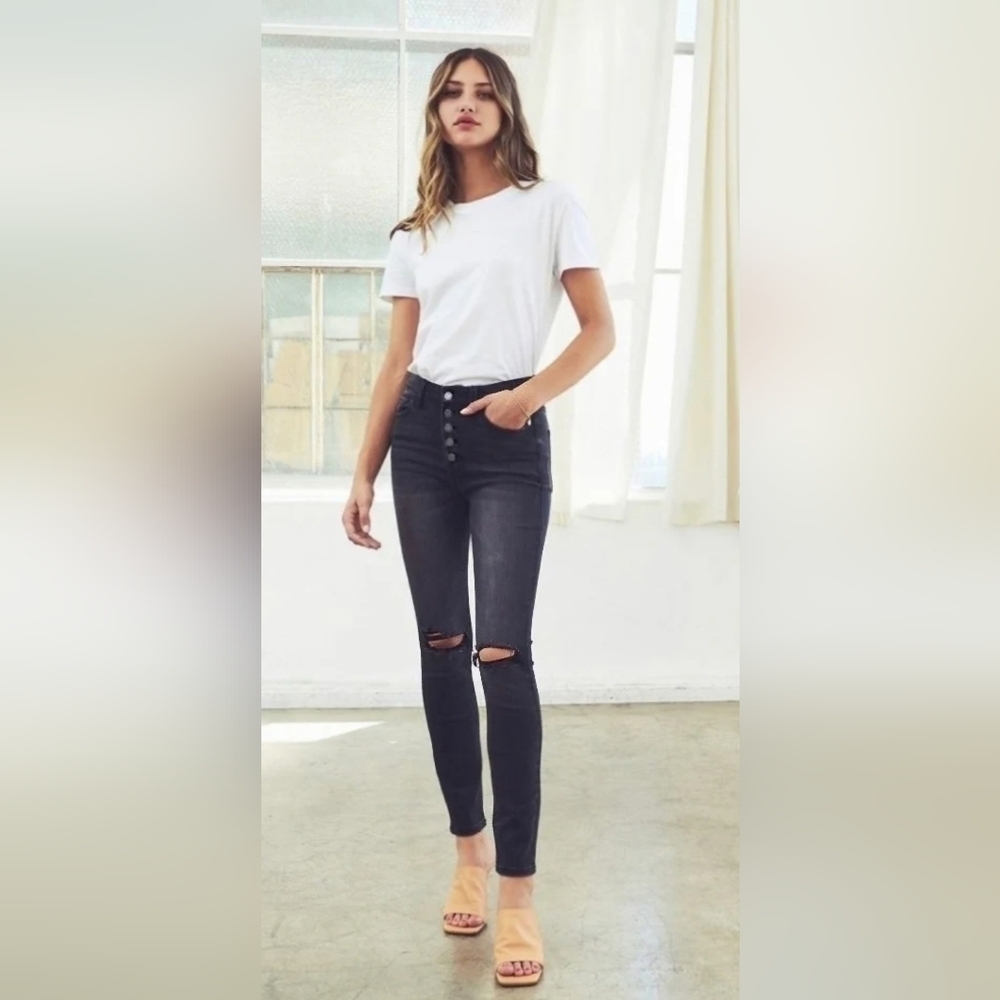 Vervet By Flying Monkey Button Fly Distressed Haylie Skinny Jeans Black 7/28 NEW